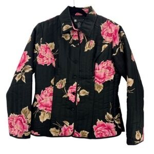 Carole Little Womens Button Up Shirt Black Floral Long Sleeve Collar Pleated M